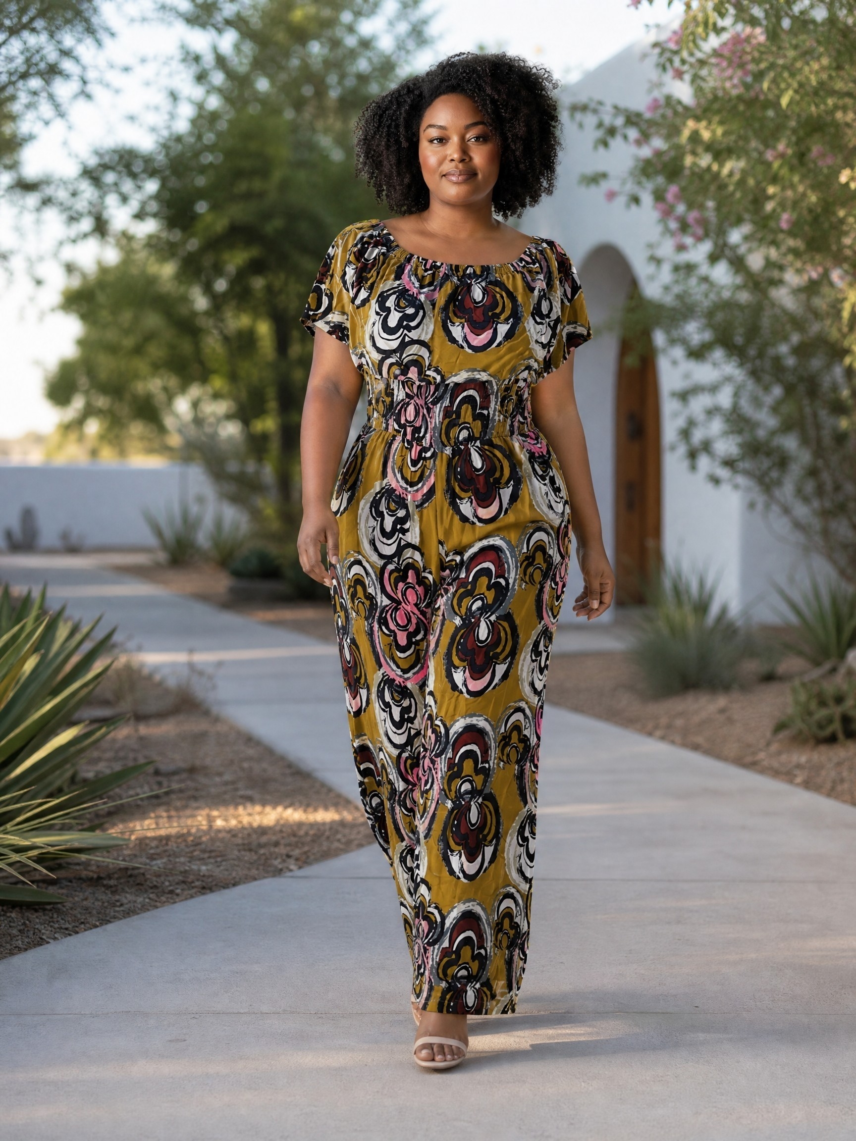 Bel Kazan Floral-Print Mustard Wide-Leg Jumpsuit | Size L
